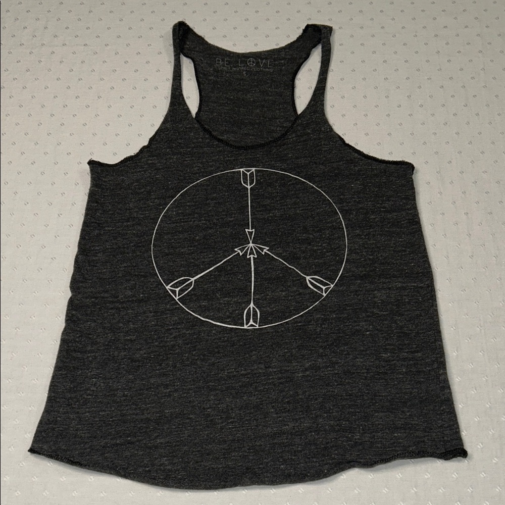 Be Love Charcoal Gray Racerback Tank with White Arrow Peace Graphic hippie raw